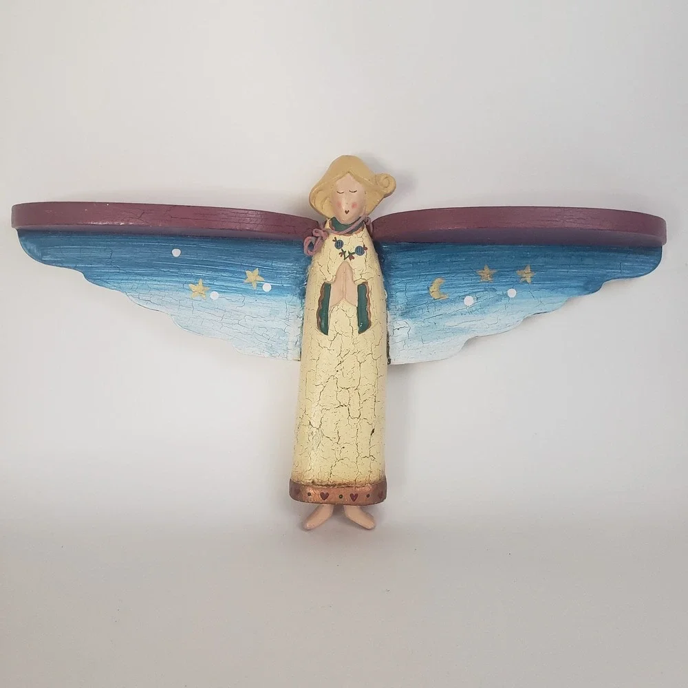 VTG Praying Angel Wood Wall Shelf Hand Painted Folk Art 17